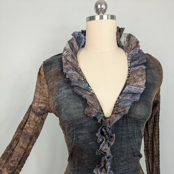 Alberto Makali Cardigan Top M Brown Y2K Lace Ruffle Whimsigoth Artsy Dark Ombre - Picture 1 of 13